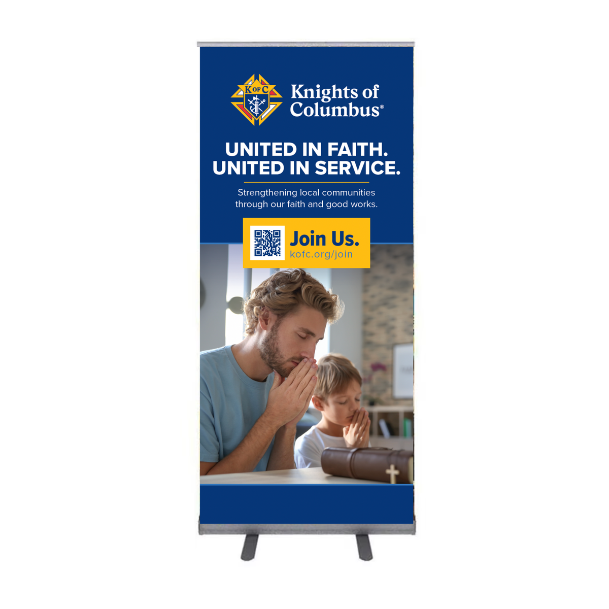 33.5" w x 80"h Roll Up Retractable Banner - United in Faith. United in Service.