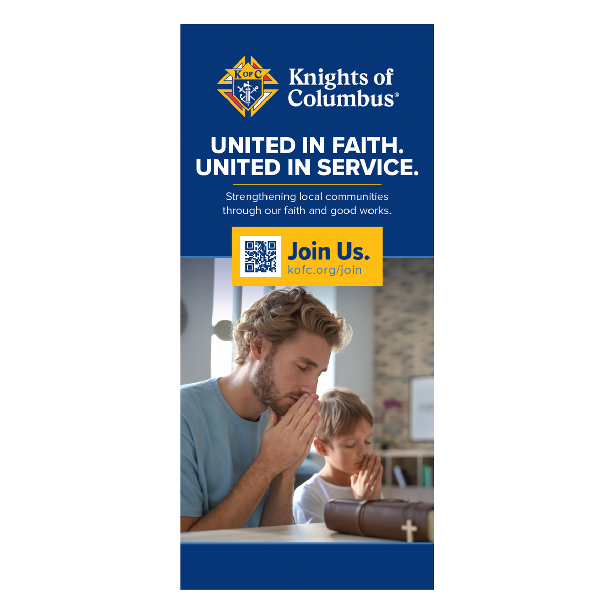 33.5" w x 80"h Roll Up Retractable Banner - United in Faith. United in Service.