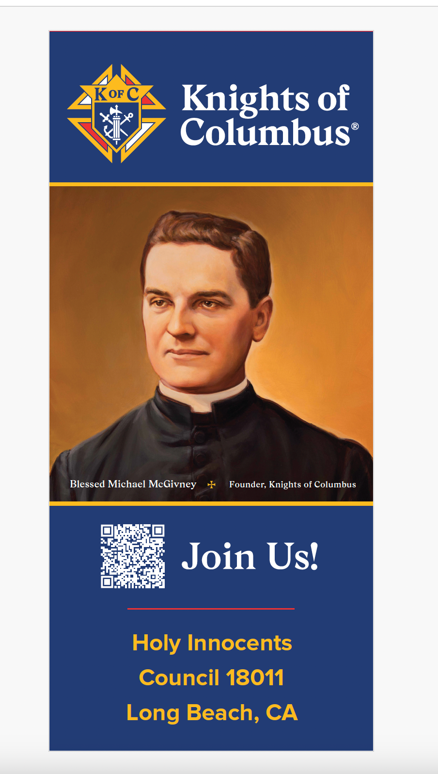 33.5&quot; w x 80&quot;h Father McGivney Join Us! Roll Up Retractable Banner - VALUE OPTION