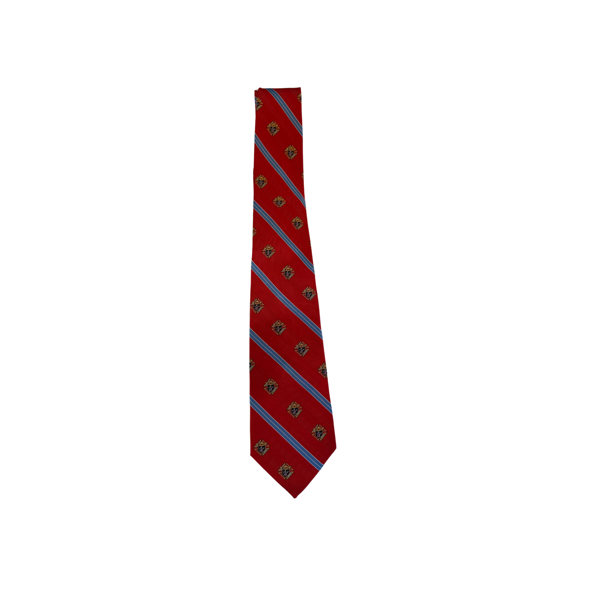 Red Tie with Emblem and Light Blue Stripes