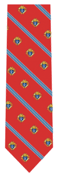 Red Tie with Emblem and Light Blue Stripes