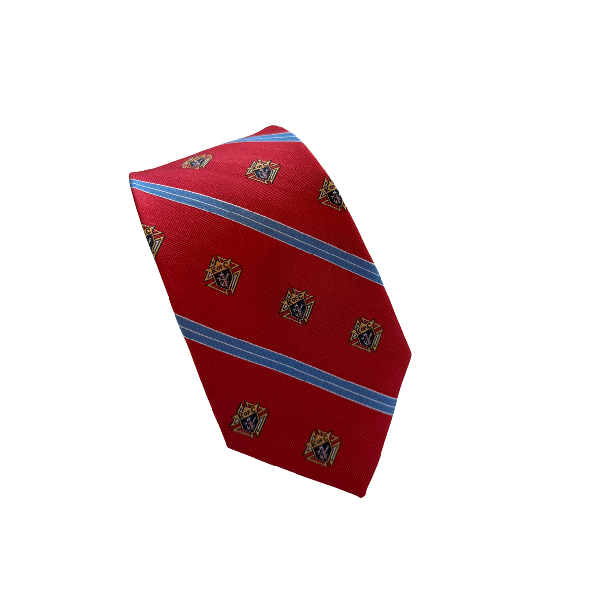 Red Tie with Emblem and Light Blue Stripes