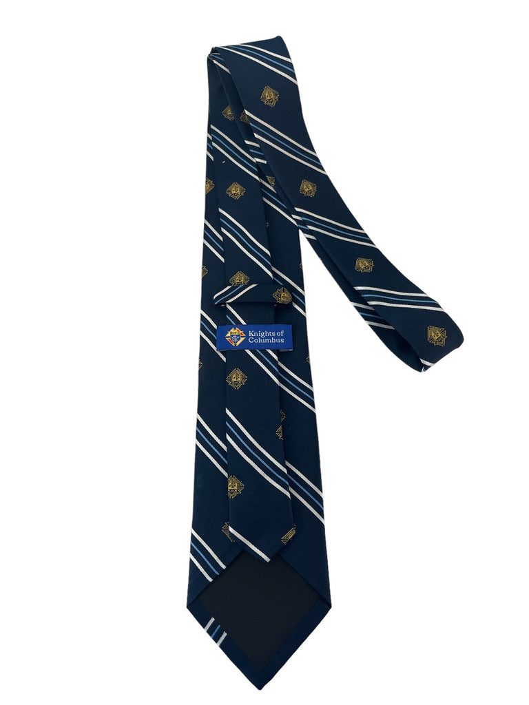 Navy Tie with Thin Stripes and Gold Emblem - Regular and Long