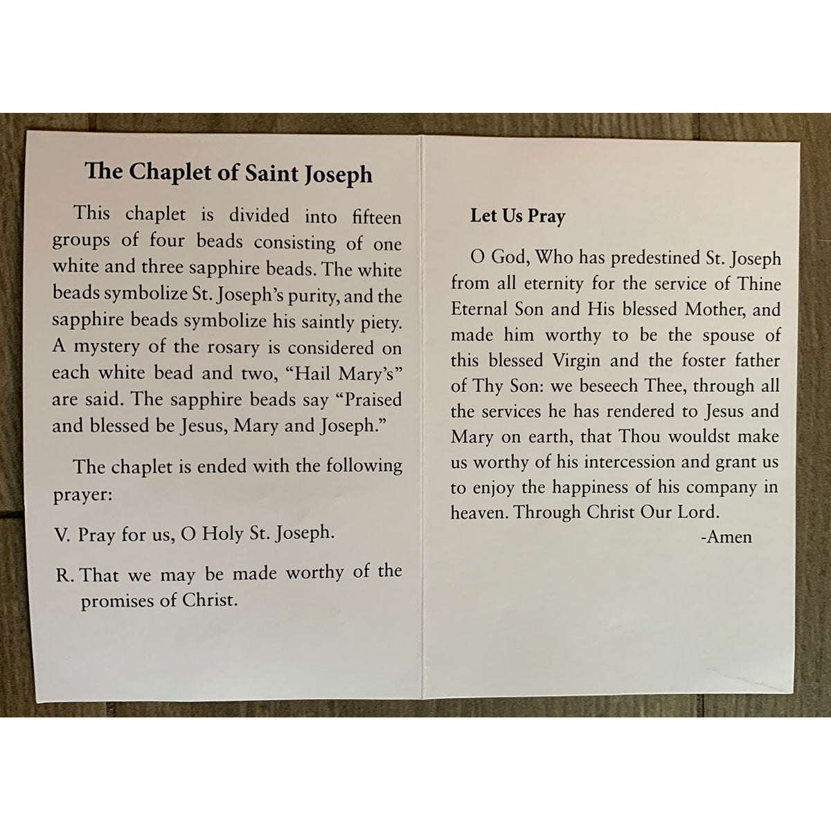 Chapelet Saint Joseph avec carte de prière