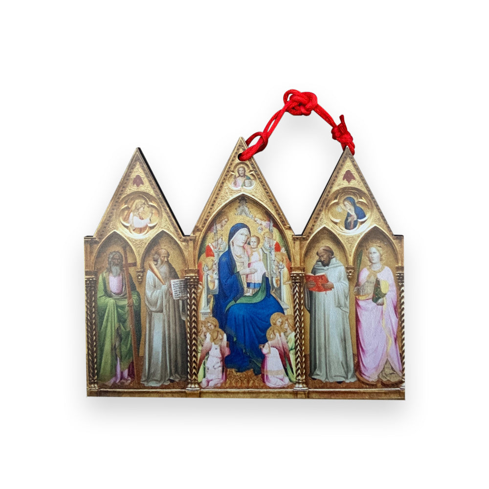KofC Charities María entronizada con santos y ángeles tríptico adorno de madera