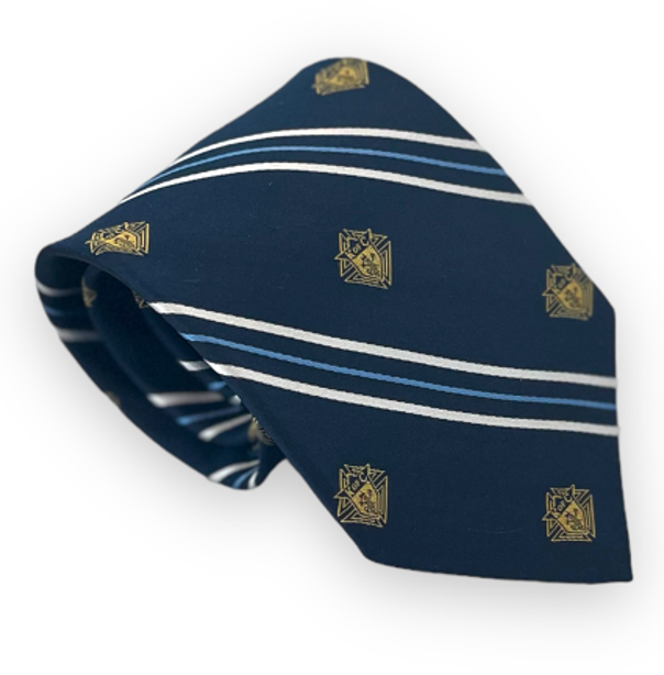 Navy Tie with Thin Stripes and Gold Emblem - Regular and Long