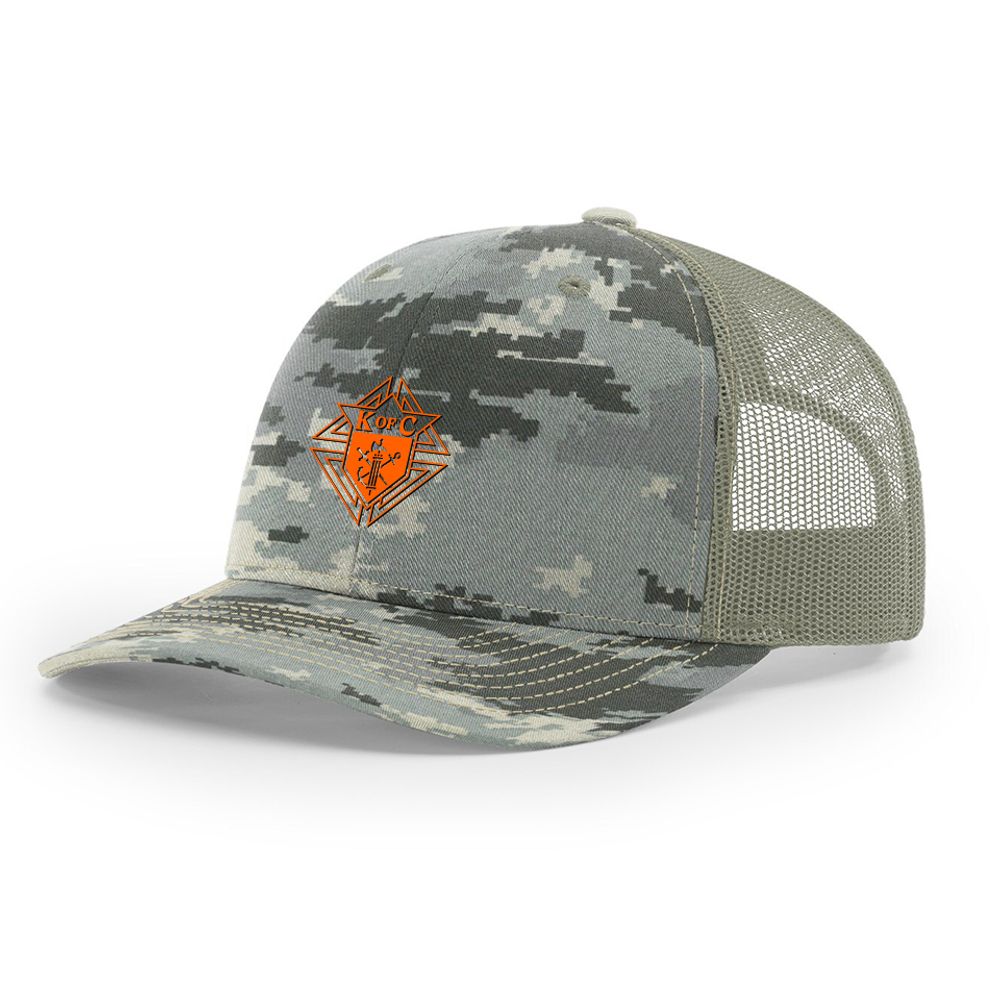 Mossy Oak Break Up Blaze Orange Logo Camo Mesh Trucker Hat Cap Snapback Mid Profile Structured